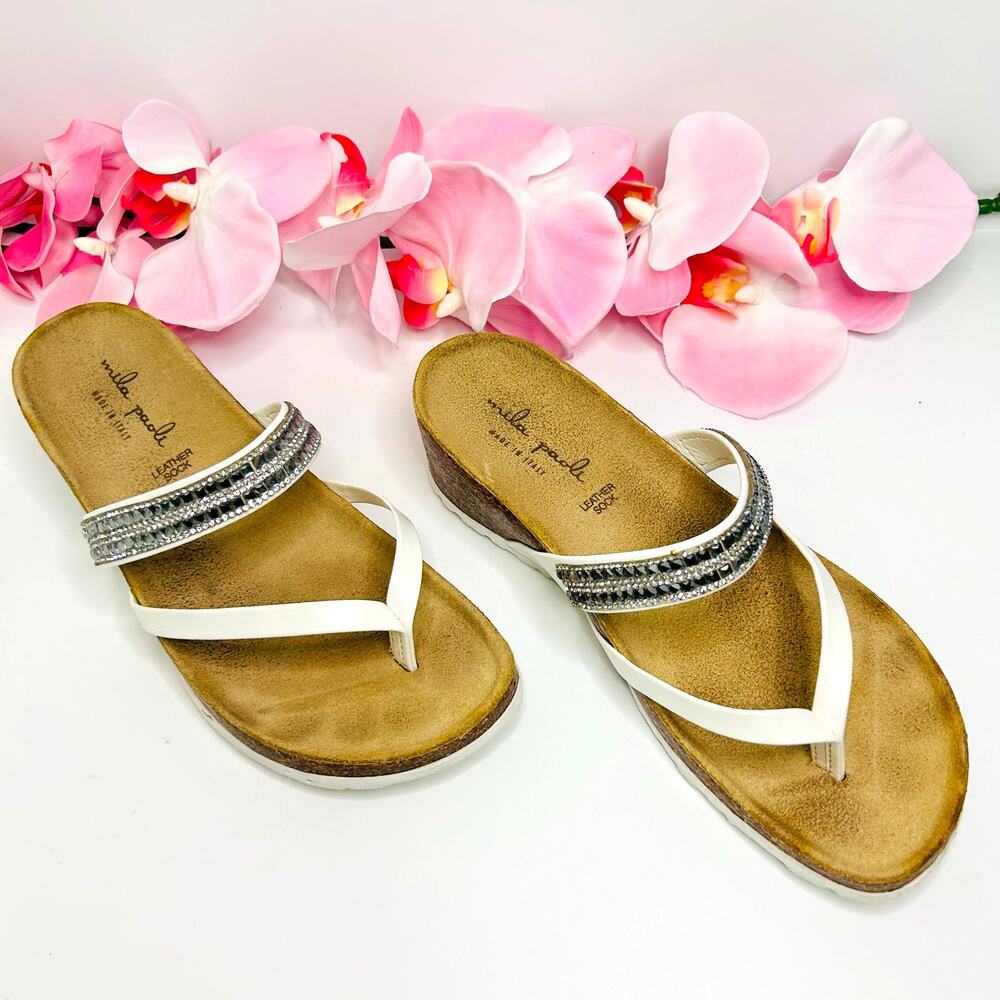 Mila Paoli Italian Leather Sandals Size 6 Cork Wedge White